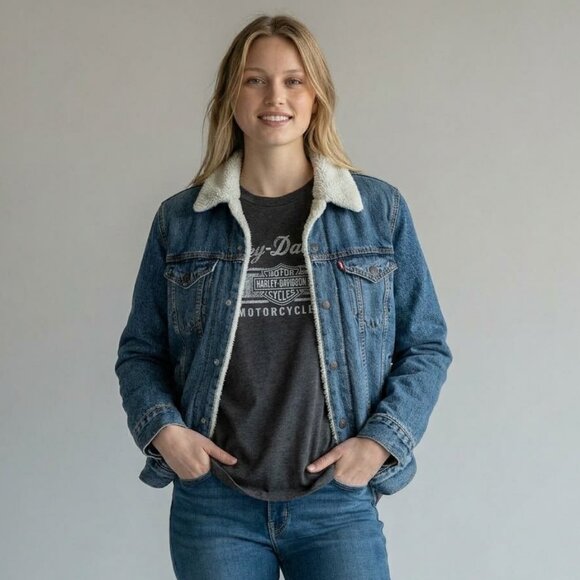 Levi's Jackets & Blazers - LEVI'S Premium Big E Denim Sherpa Lined Snap Button Front Trucker Jacket Women S
